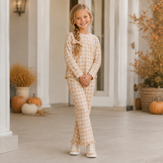 Girls Tan Gingham Ruffle Detail Pant Set- PREORDER