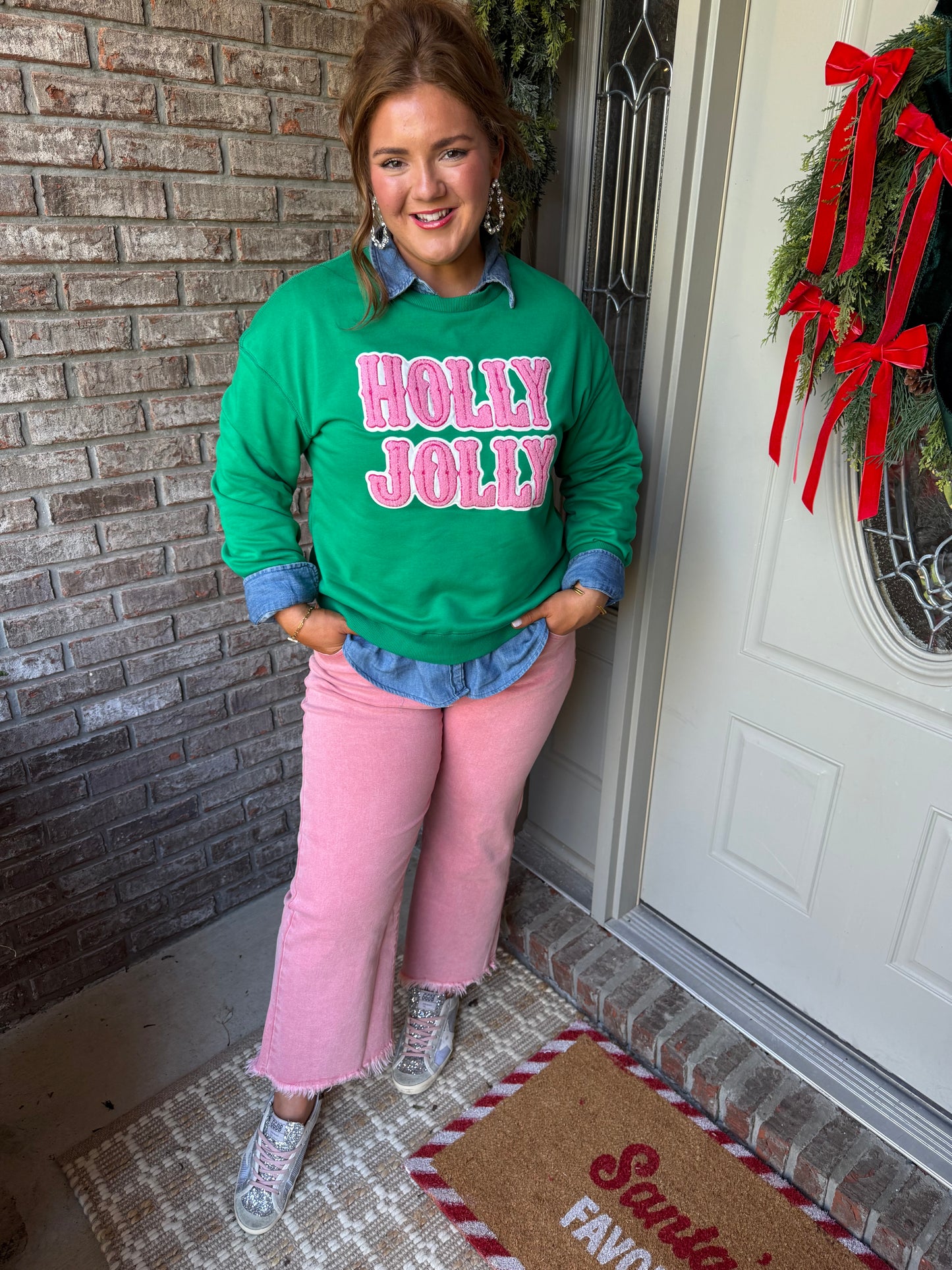 HOLLY JOLLY Embroidered Christmas Holiday Sweatshirt