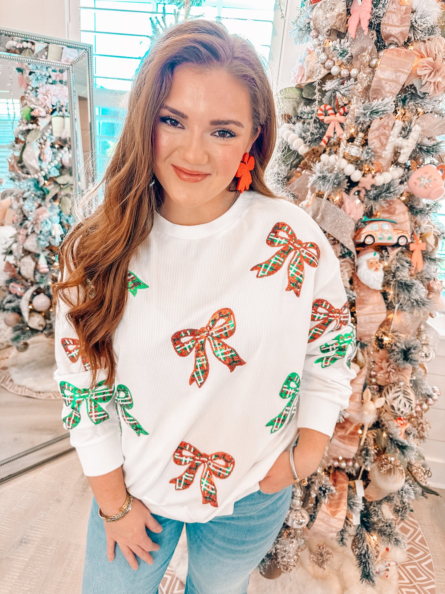 White Plaid Bowknot Sequin Pattern Corded Oversized Sweatshirt