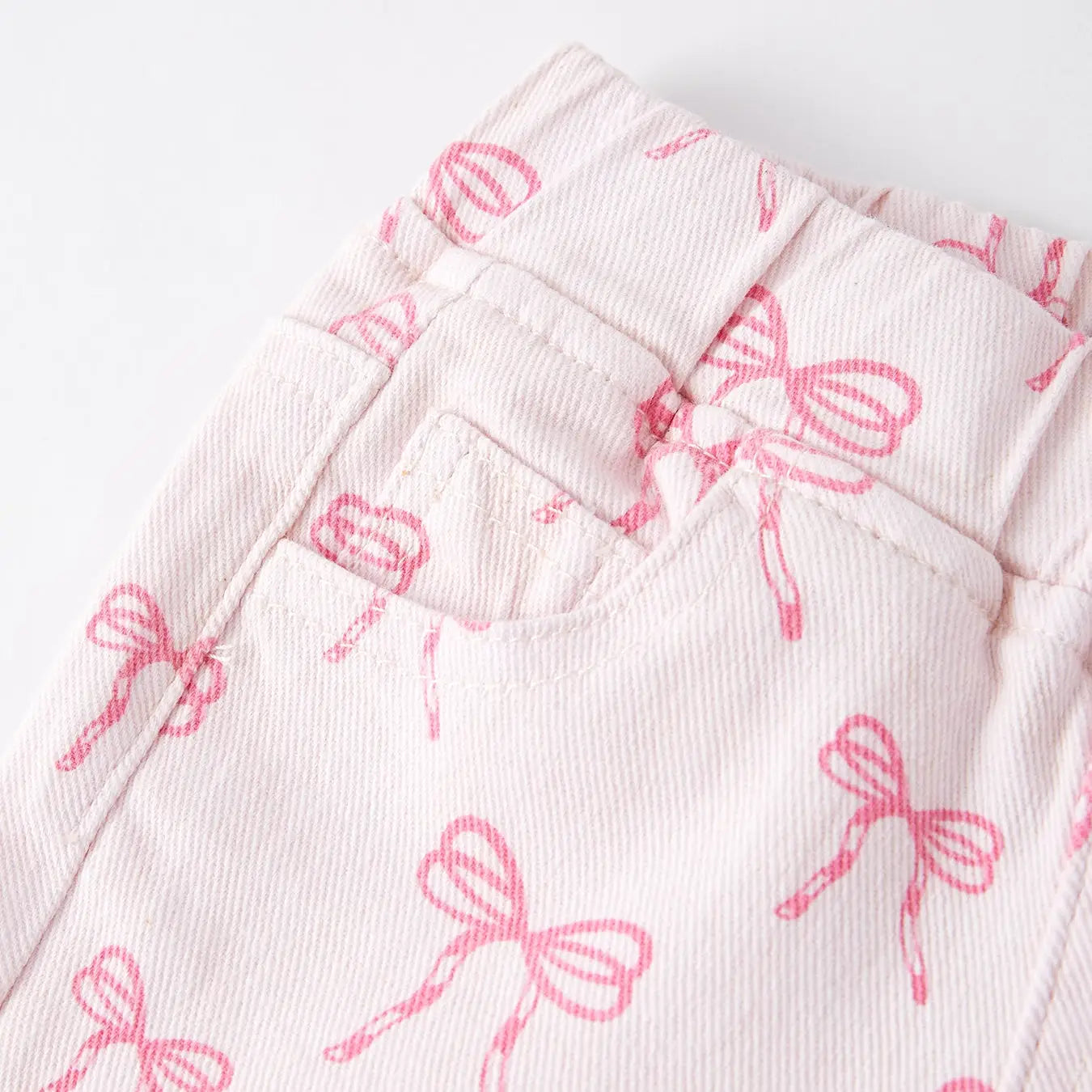 Girls Pink Bow Print Elastic Flared Jeans PREORDER