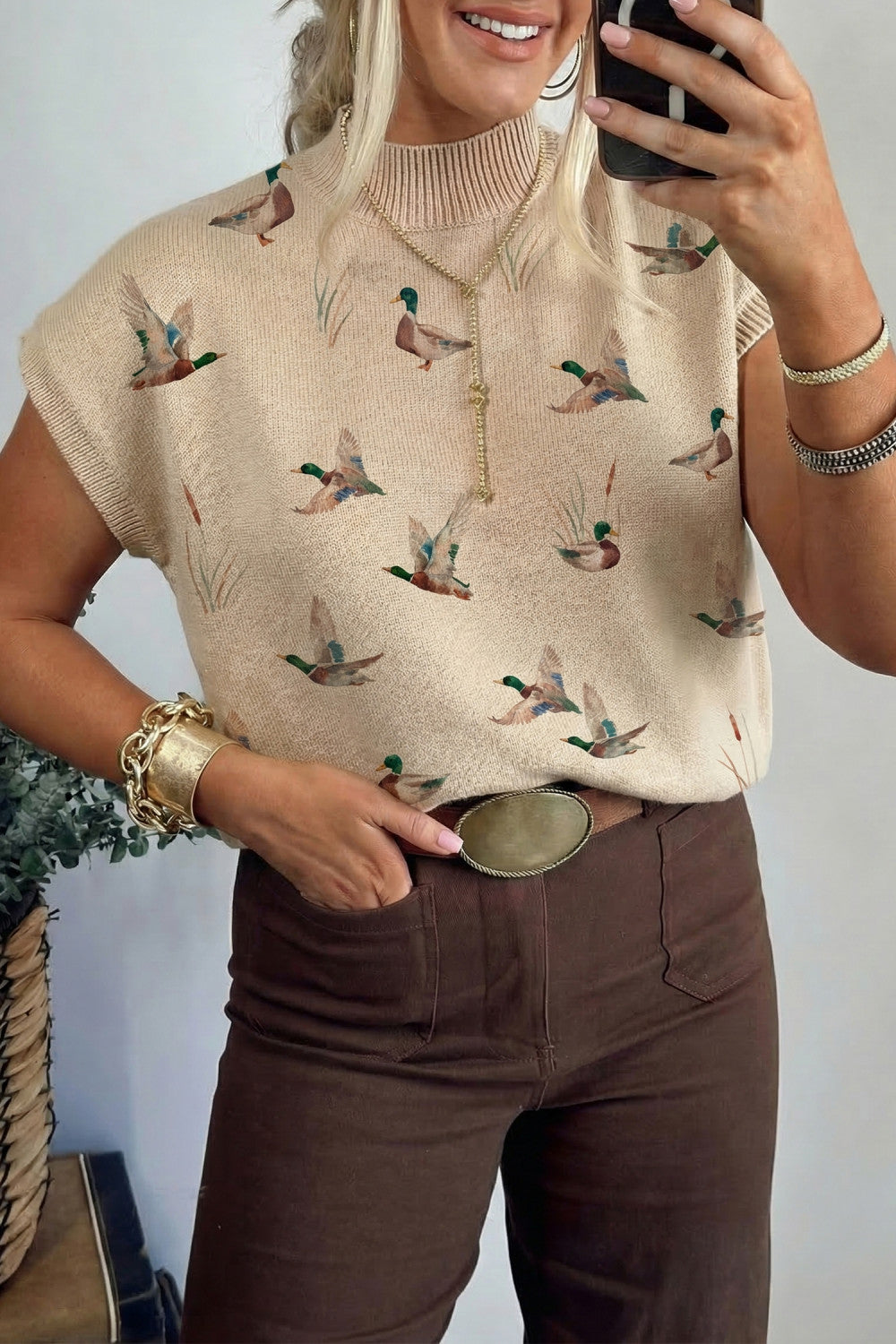 Parchment Mallard Print High Neck Short Sleeve Top - PREORDER