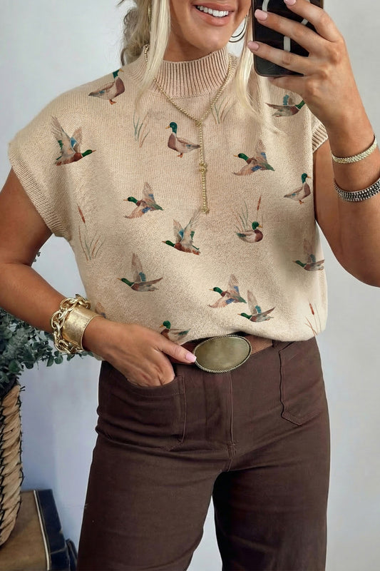 Parchment Mallard Print High Neck Short Sleeve Top - PREORDER
