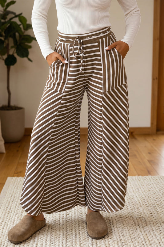 Khaki Stripe Patchwork Design Wide Leg Casual Pants - PREORDER