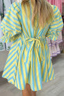 Yellow Stripe Half Button Puff Sleeve Loose Mini Dress - PREORDER