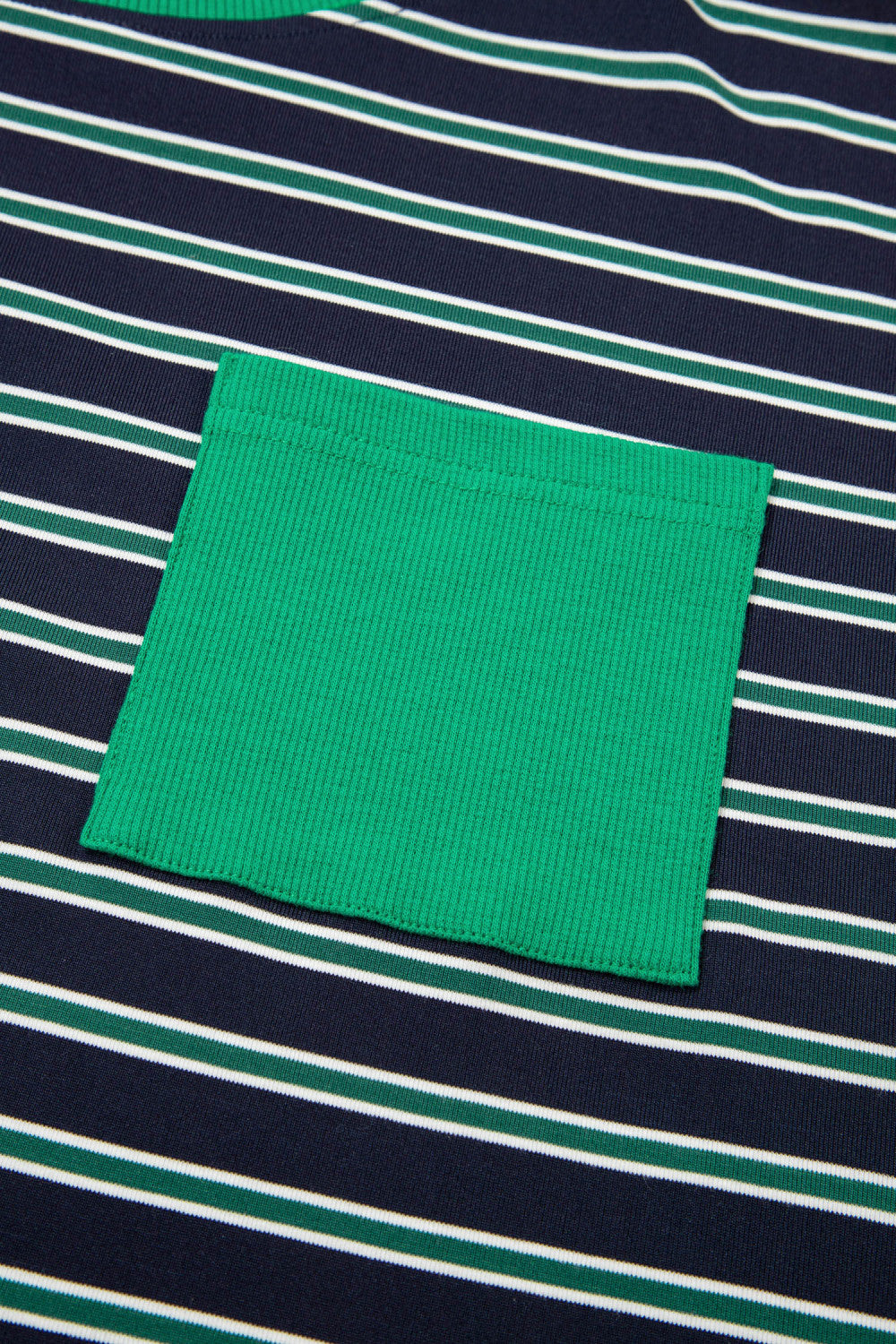 Green Stripe Ribbed Color Block Patchwork Crew Neck Patch Pocket Long Sleeve Top - PREORDER