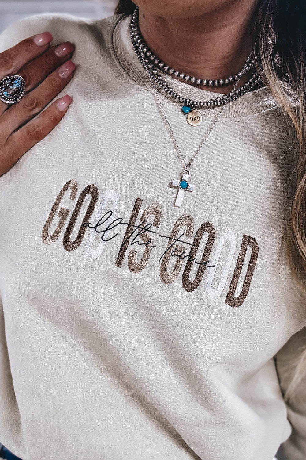 Jet Stream GOD IS GOOD Western Embroidered Letter Crewneck Pullover Sweatshirt - PREORDER