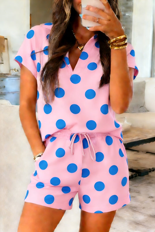 Pink Polka Dot Print V Neck Tee Short Set - PREORDER