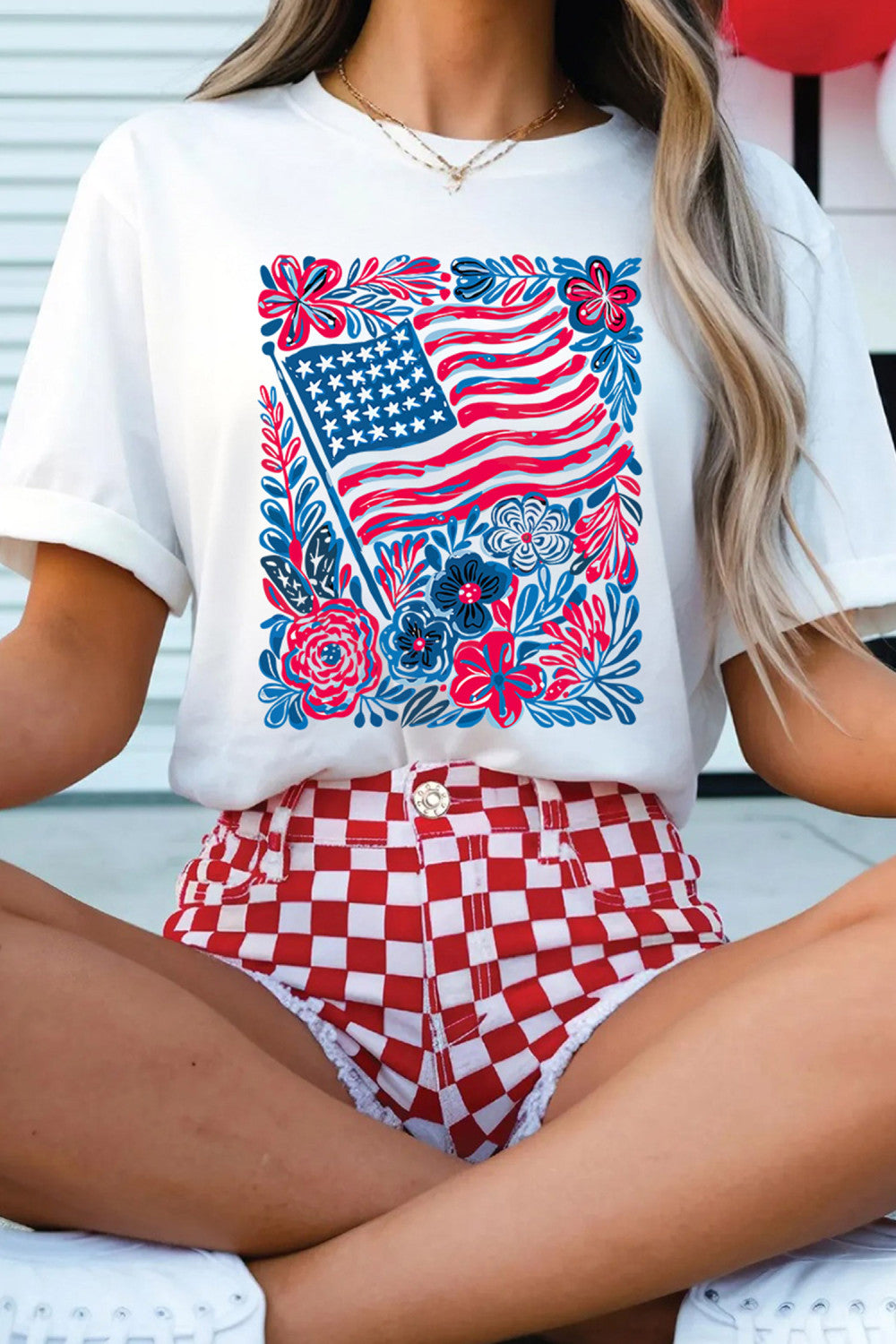White Floral Flag Aesthetics Patriotic Graphic T Shirt - PREORDER