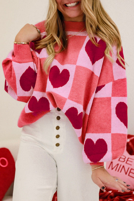 Pink Plus Size Love Heart Block Mock Neck Lantern Sleeve Valentine Sweater - PREORDER