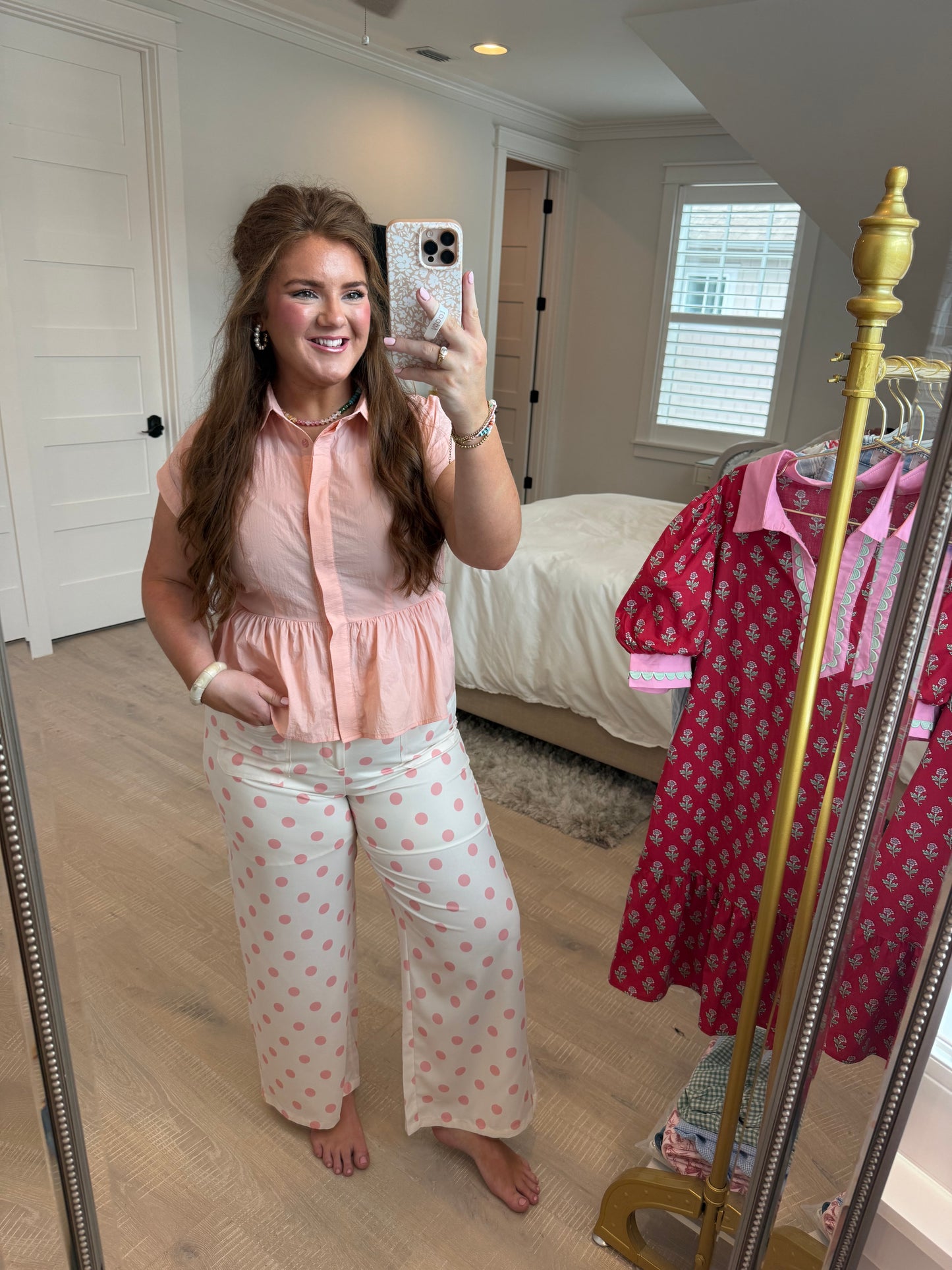 Peach Button Down Babydoll Solid Woven Blouse