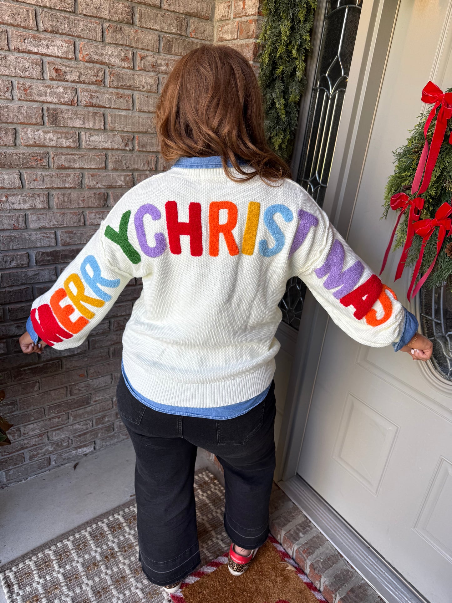 HOHOHO MERRY CHRISTMAS Chenille Graphic Drop Shoulder Holiday Sweater