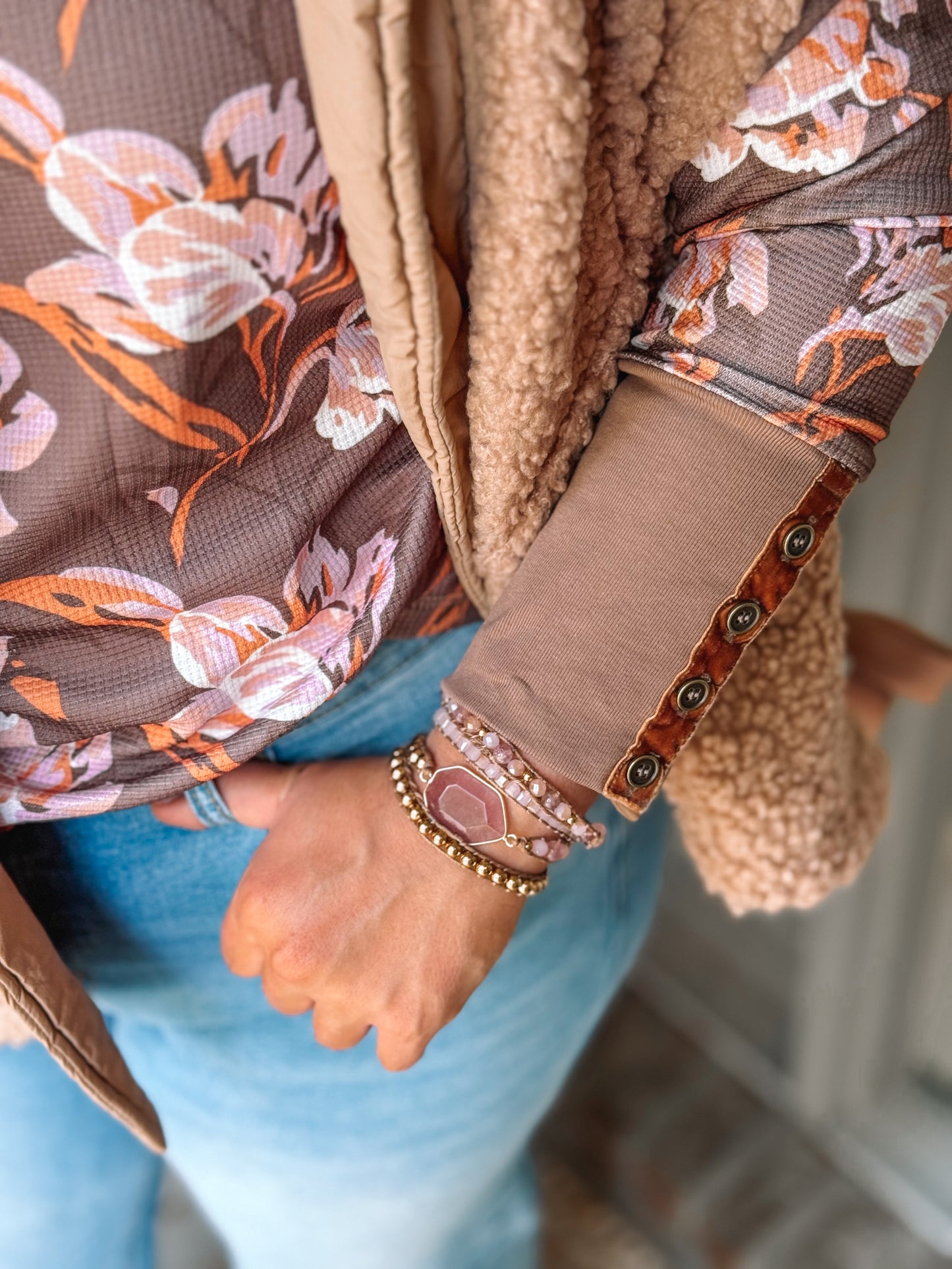 Brown Floral Print Waffle Textured Long Sleeve Top - PREORDER
