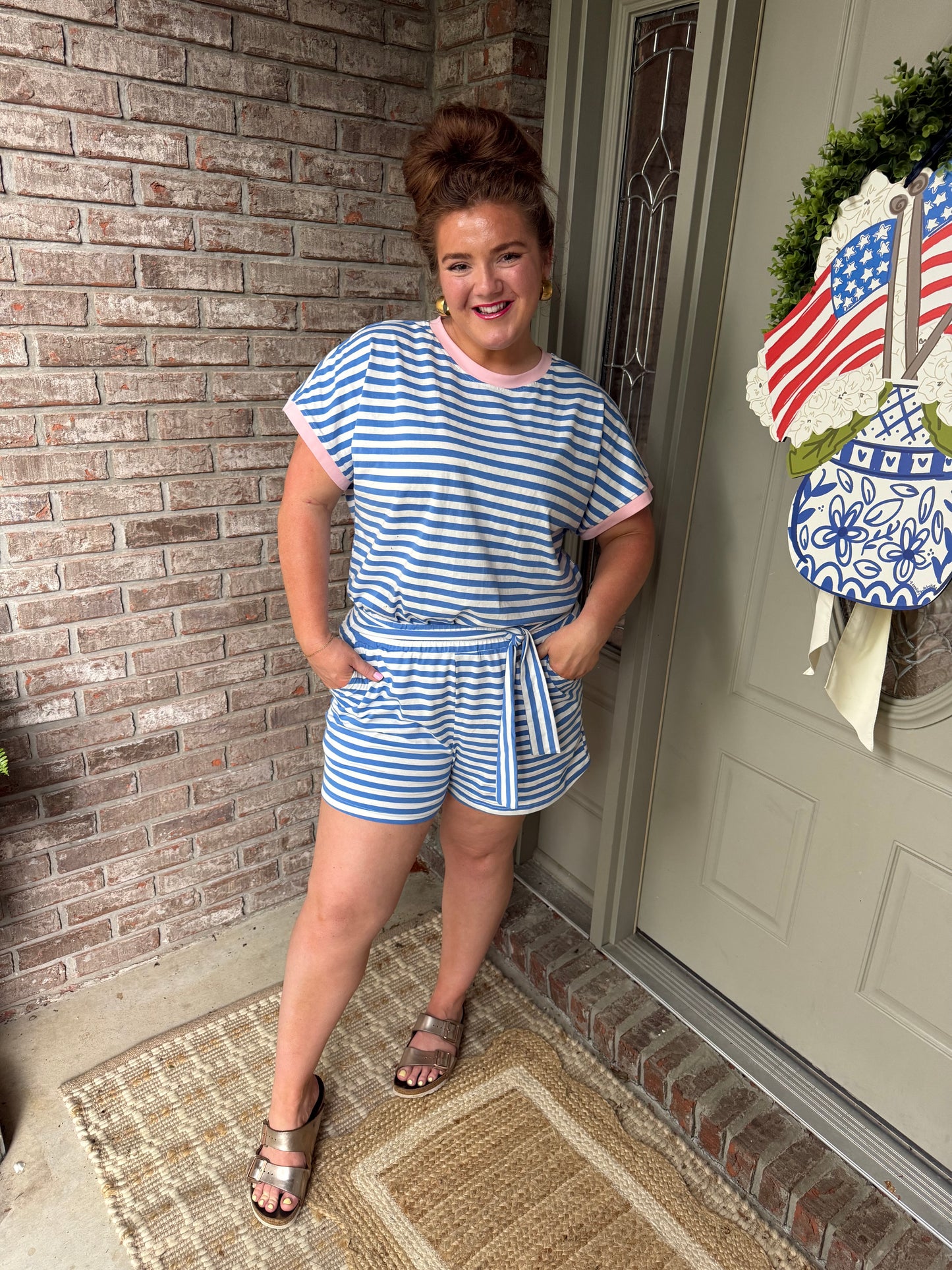 Sky Blue Stripe Contrast Trim Crew Neck Tee Knot Shorts 2pcs Set