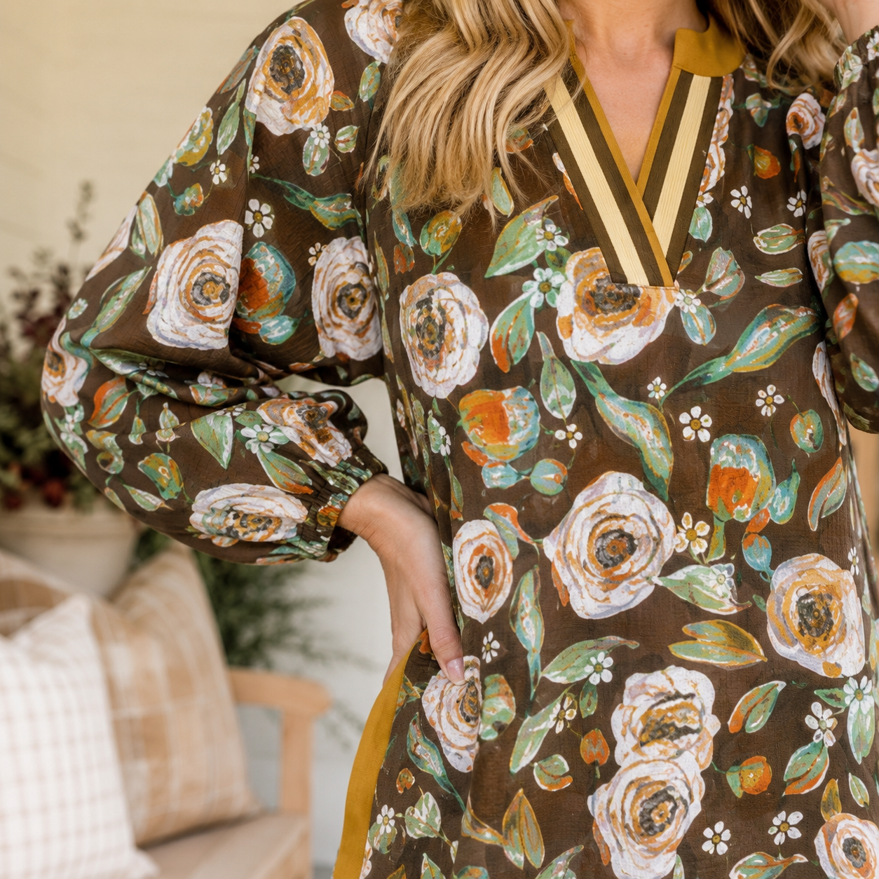 Brown Floral Print Contrast Trim V Neck Pocketed Long Sleeve Mini Dress - PREORDER