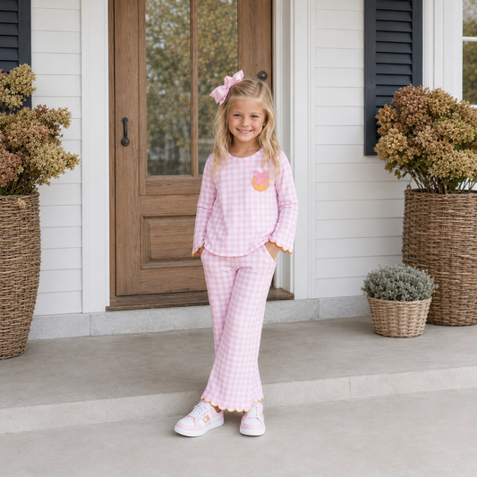 Girls Pink Gingham Embroidered Pumpkin Scallop Set - PREORDER