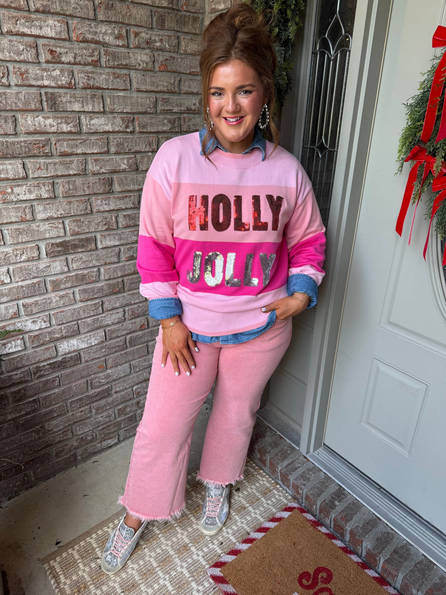 Pink Sequined HOLLY JOLLY Color Block Crew Neck Sweater