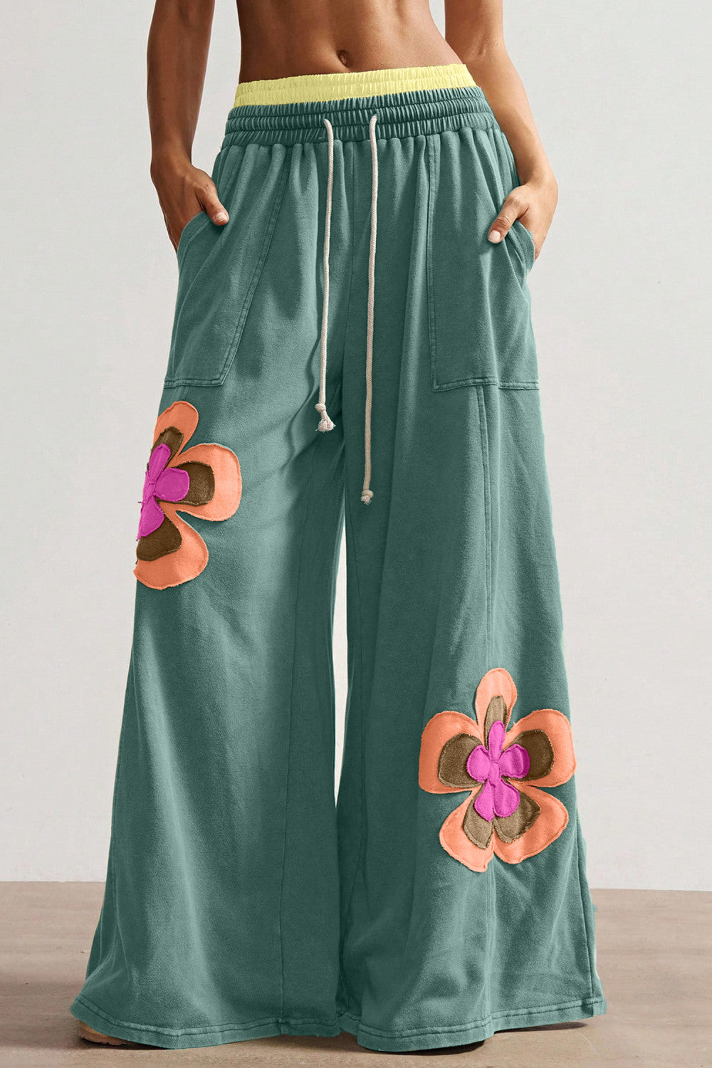 Sea Green Color Block Flower Patchwork Drawstring Contrasted Elastic Waist Wide Leg Pants - PREORDER