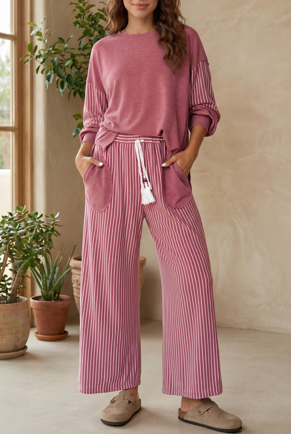 Rose Raw Edge Patchwork Long Sleeve Top Pocket Casual Pants 2pcs Set - PREORDER