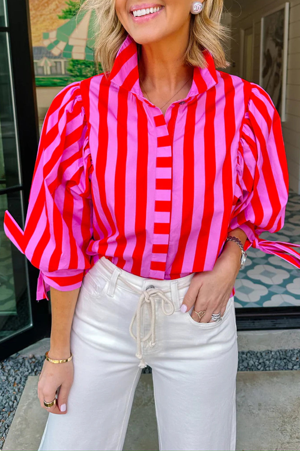 Red Stripe Tie Puff Sleeve Womens Button Down Shirt