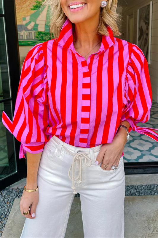 Red Stripe Tie Puff Sleeve Womens Button Down Shirt - PREORDER