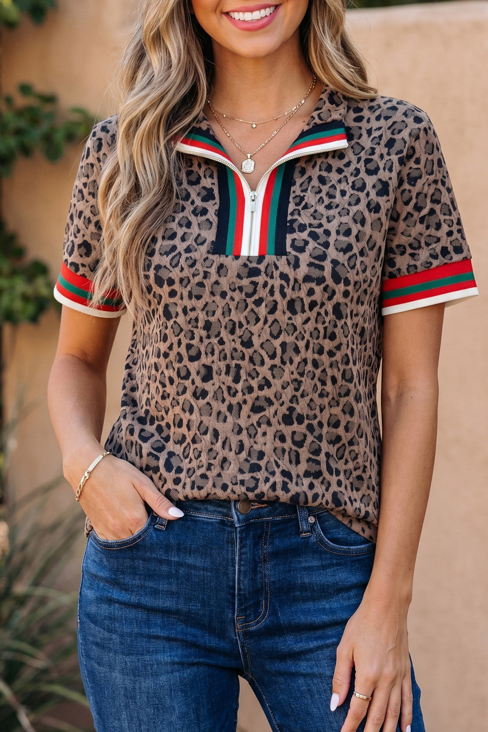 Brown Leopard Jacquard Striped Patchwork Half Zip Short Sleeve Blouse - PREORDER