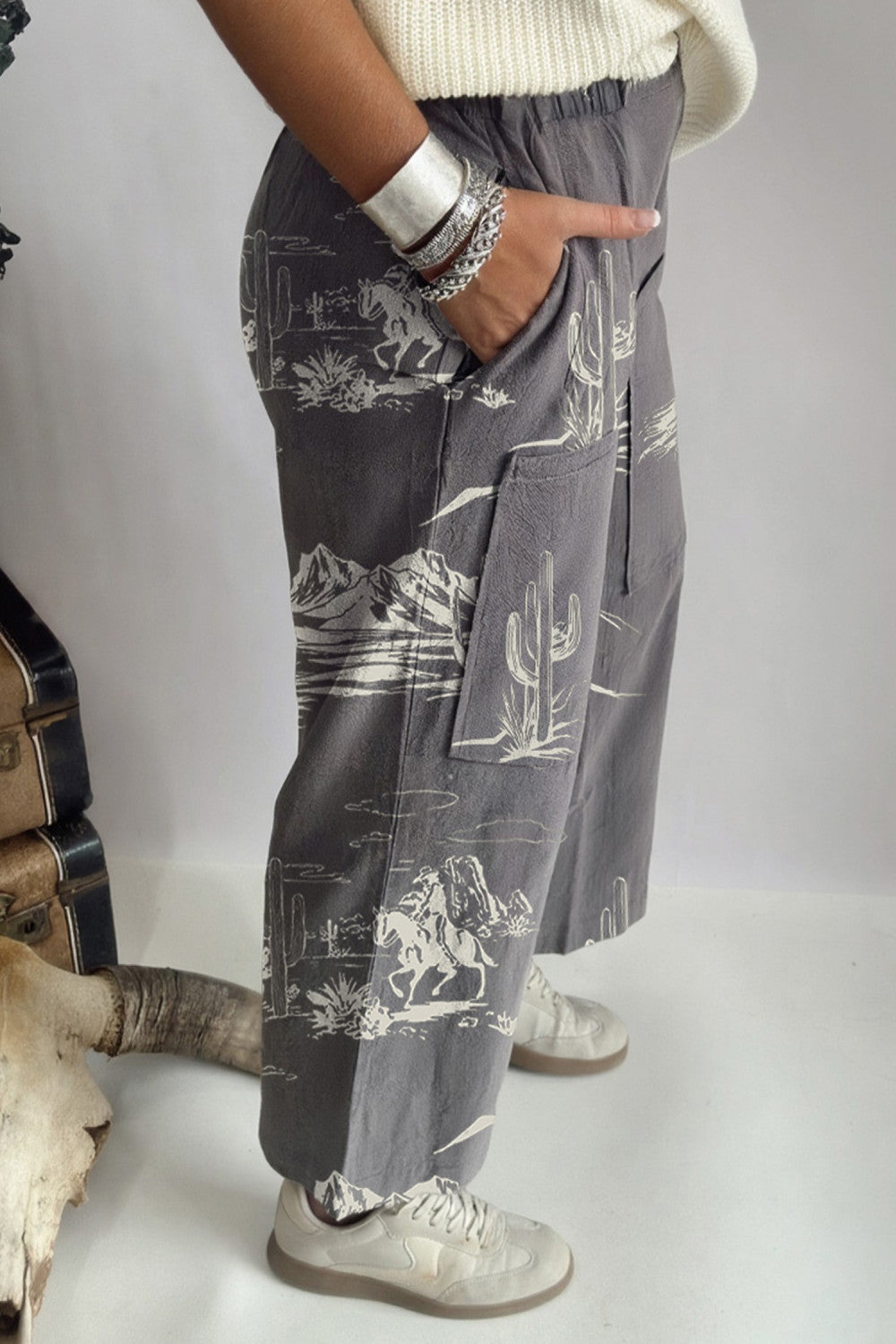 Gray Wild West Riding Vintage Printed Shift Jeans - PREORDER