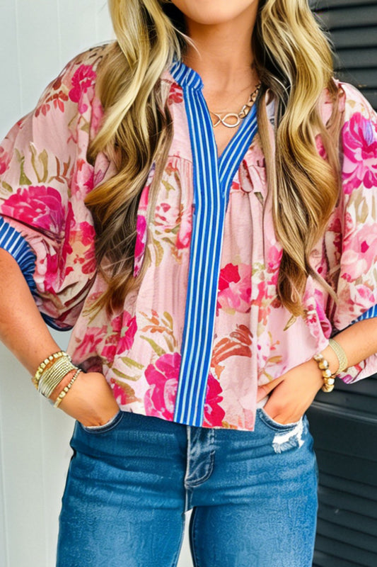 Multicolour Floral Half Sleeve Striped Trim V Neck Blouse - PREORDER