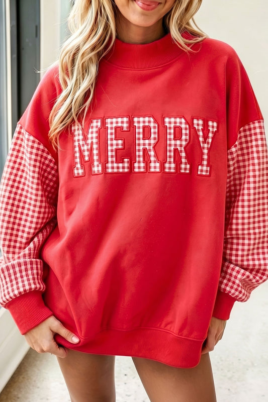 Red Gingham Plaid Merry Oversized Pullover Sweatshirt - PREORDER