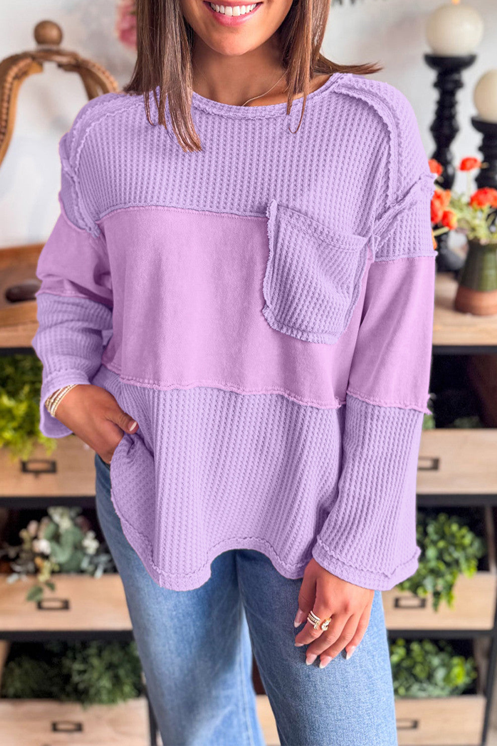 Purple Thermal Knit Contrast Textured Patchwork Long Sleeve Top - PREORDER