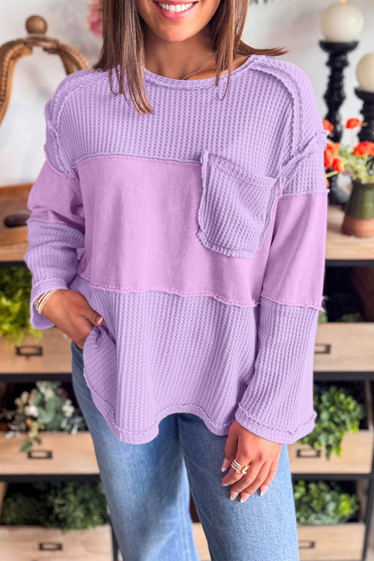 Purple Thermal Knit Contrast Textured Patchwork Long Sleeve Top - PREORDER