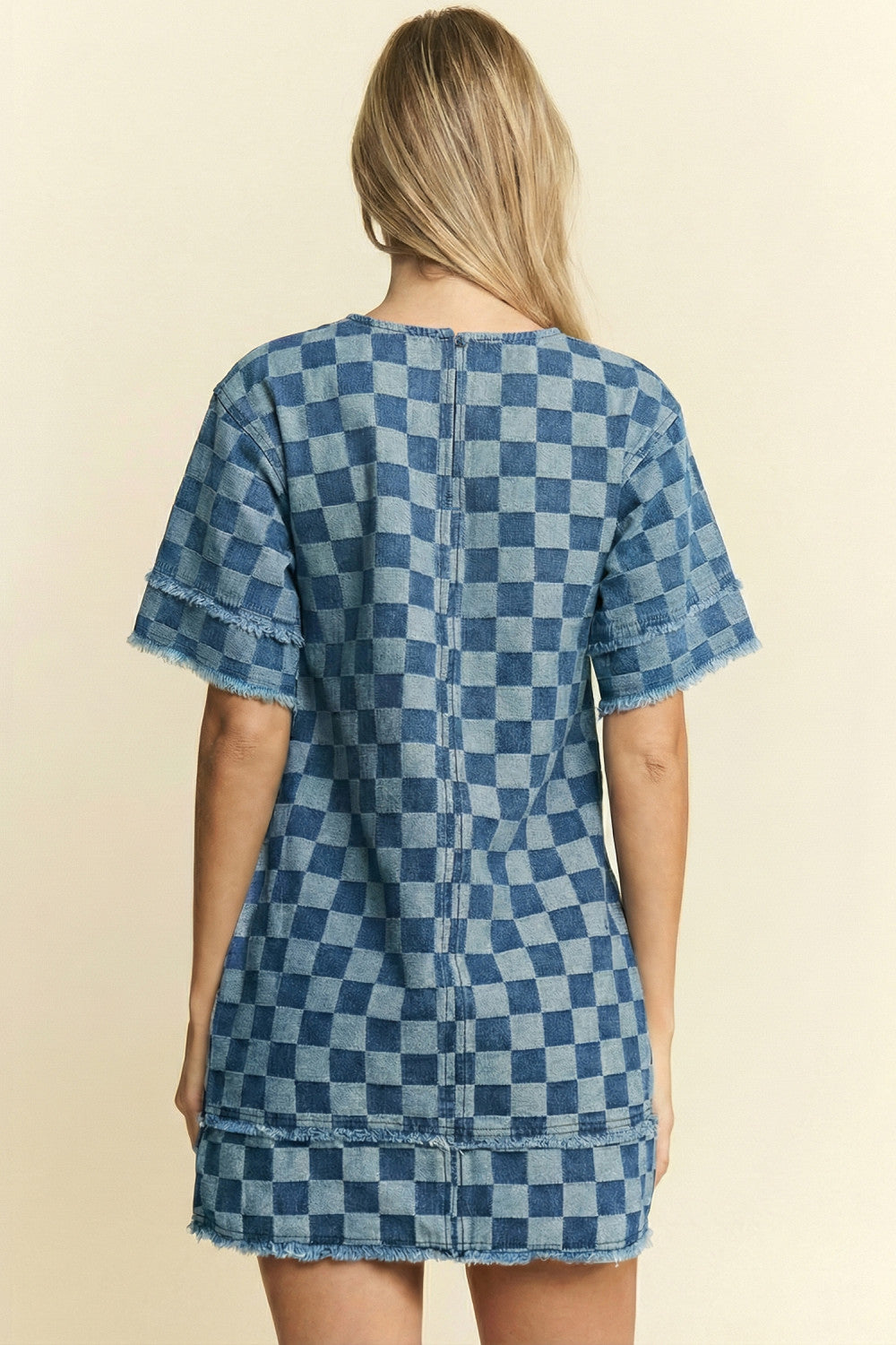 Sky Blue Frayed Hem Checkered Denim Mini Dress - PREORDER