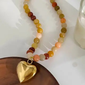 Multi Earthy Natural Stone Heart Charm Necklace - PREORDER