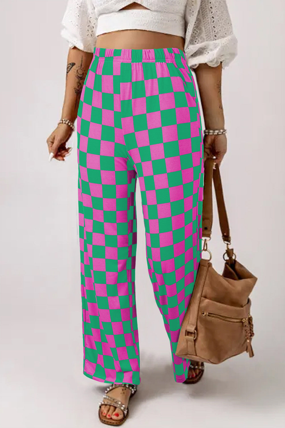 Green 2-Tone Checked Print High Waist Wide Leg Pants - PREORDER