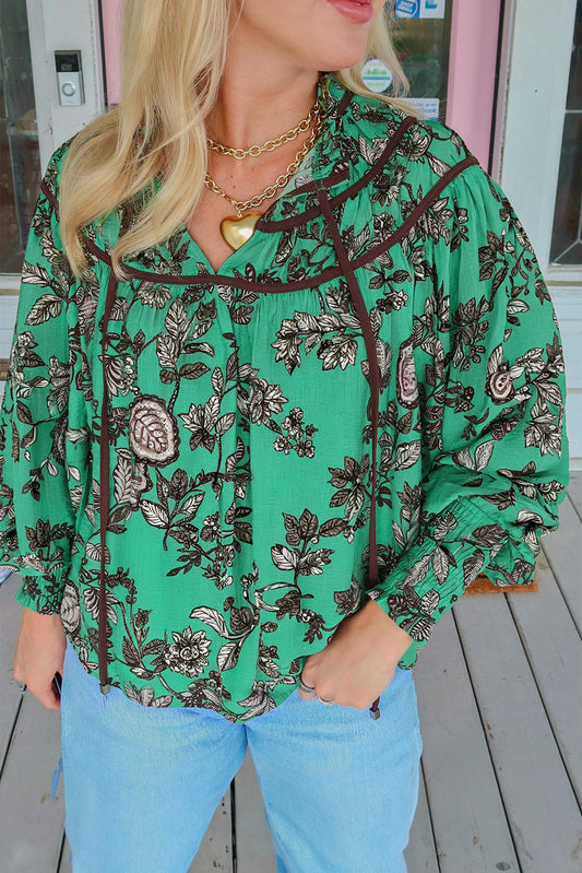 Green Leaves Print Contrast Trim V Neck Shirred Puff Sleeve Blouse - PREORDER