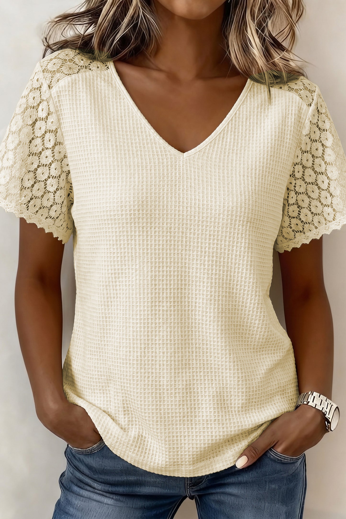 Beige Lace Splicing Button Cutout V Neck Waffle Knit Blouse - PREORDER