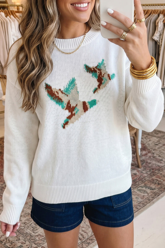 White Drop Shoulder Round Neck Long Sleeve Pullover Sweater - PREORDER