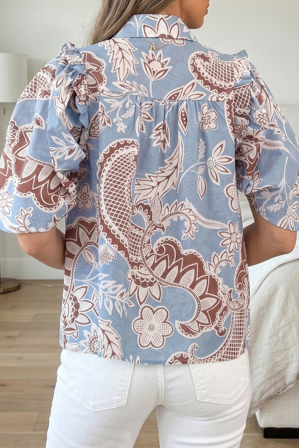 Sky Blue Boho Floral Print Scalloped Trim Button Down Short Sleeve Shirt - PREORDER