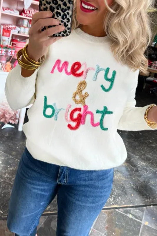 White Merry & Bright Round Neck Casual Sweater - PREORDER