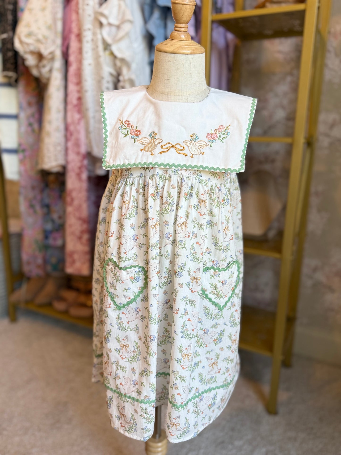Vintage Floral Duck Embroidery Spring Girl Dress