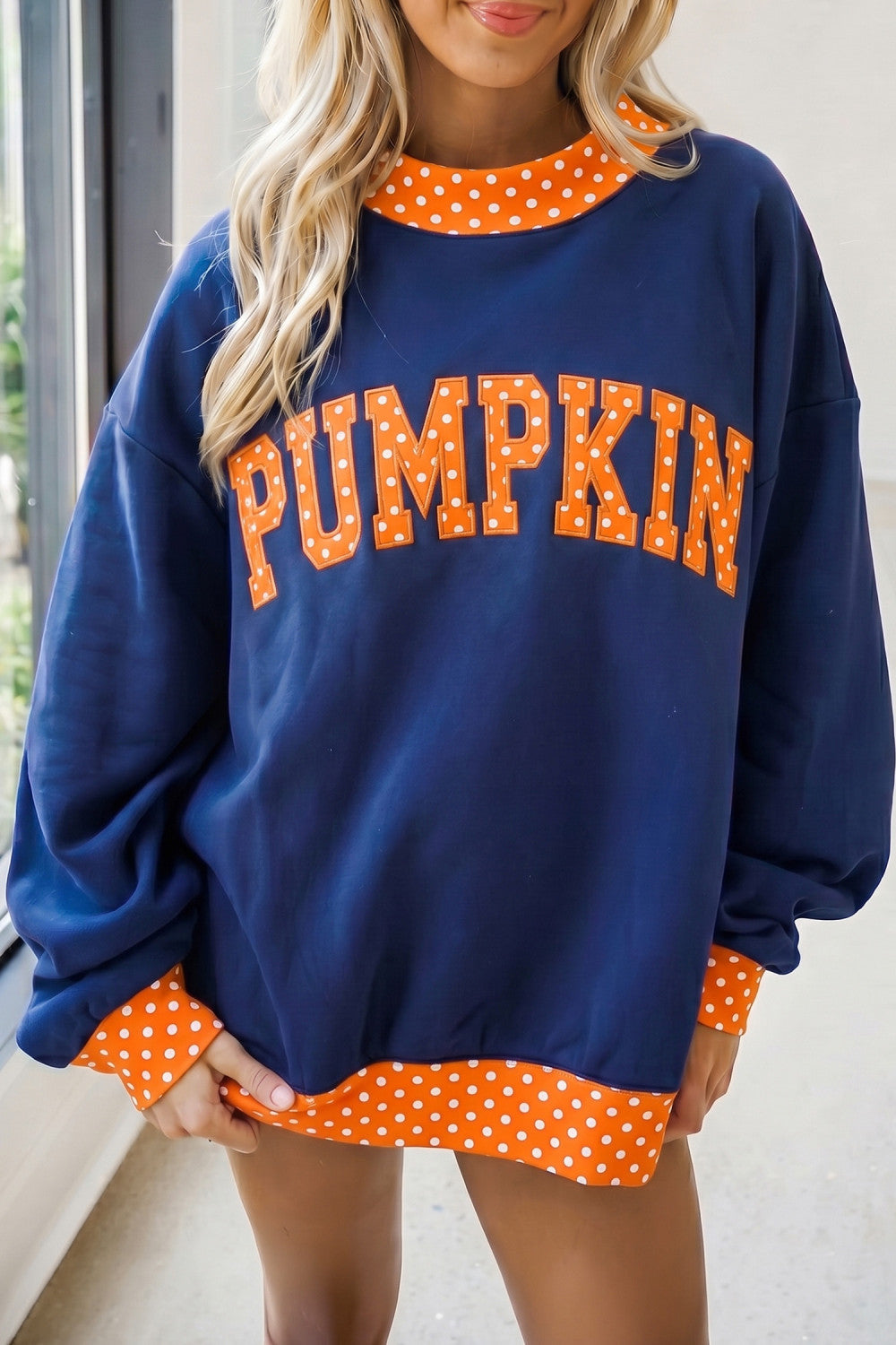 Pumpkin Polka Dot Letter Print Contrast Trim Mock Neck Sweatshirt - PREORDER