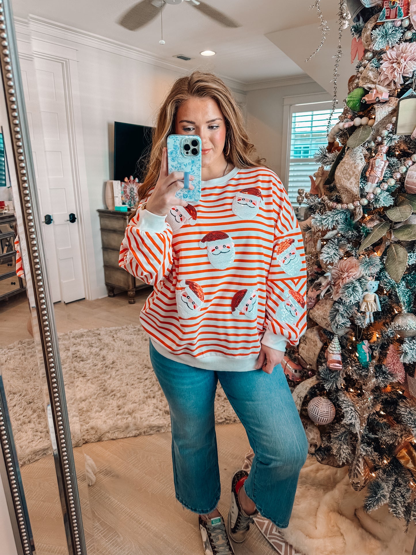 Stripe Sequin Santa Claus Pattern Christmas Pullover Sweatshirt