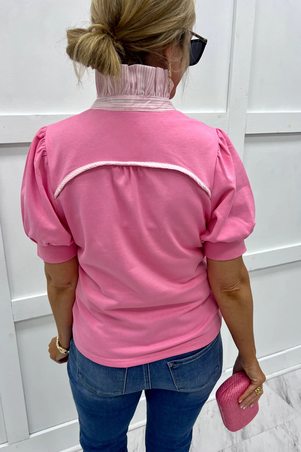 Pink Striped Frilled Collar Short Sleeve Blouse - PREORDER