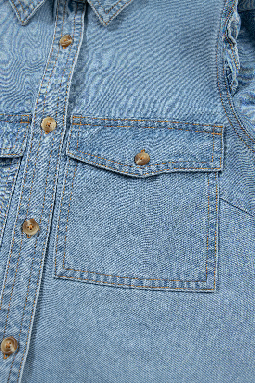 Myosotis Ruffle Detail Short Puff Sleeve Button Down Flap Pocket Denim Shirt - PREORDER