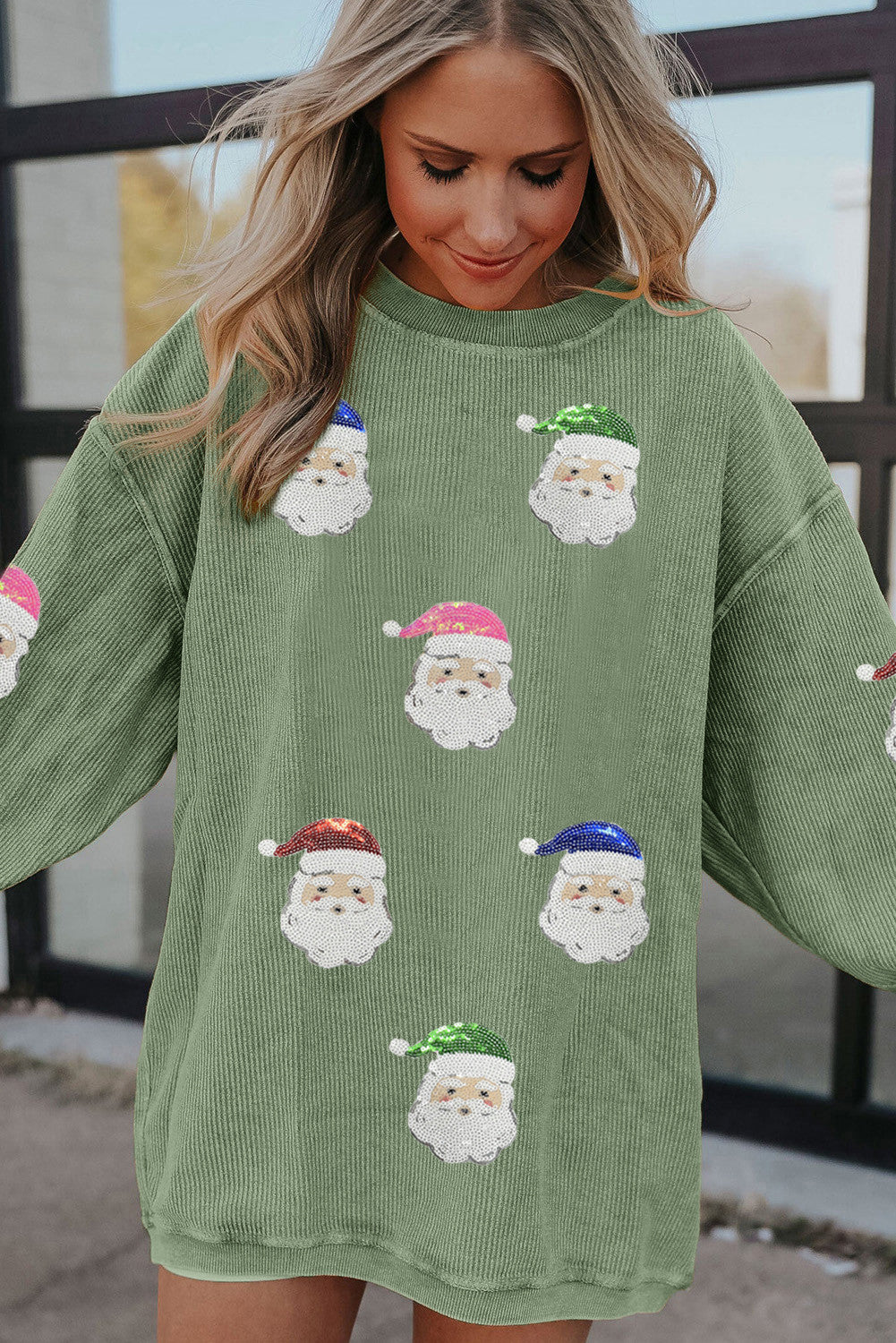 Grass Green Corded Ribbed Sequin Patched Santa Claus Graphic Sweatshirt