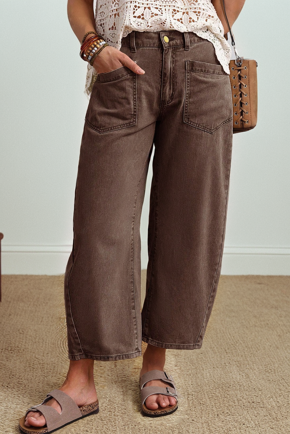 Coffee Solid Color Square Patch Pocket Ankle-length Barrel Jeans - PREORDER