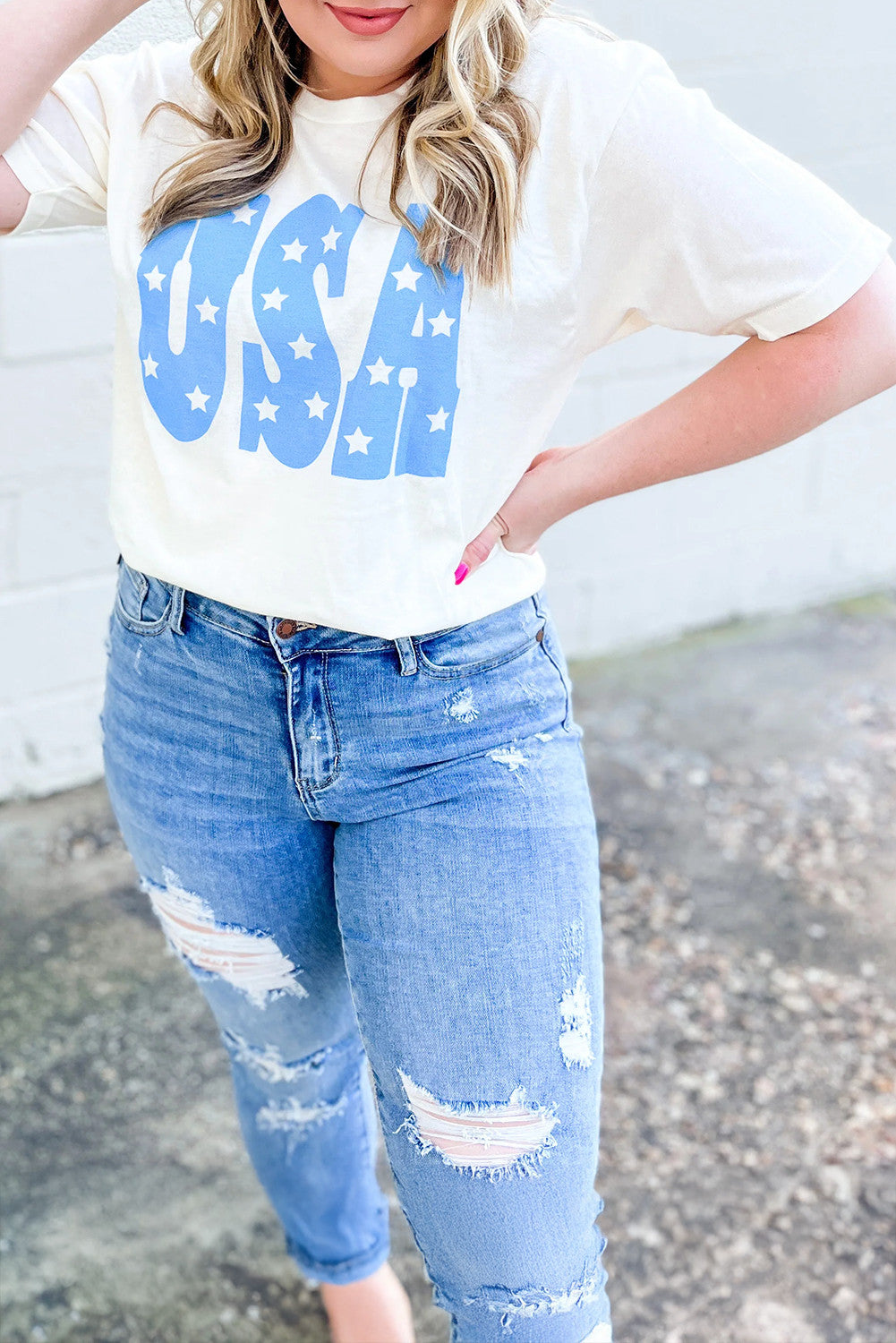 Sky Blue USA Graphic Crewneck Plus Size Patriotic Tee - PREORDER