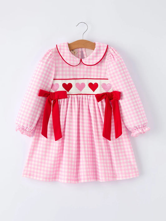 Girls' Valentine's Day Heart Smocking Embroidered Plaid Dress - PREORDER