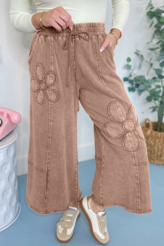 Brown Flower Patch Mineral Washed Terry Knit Cropped Wide Leg Pants - PREORDER