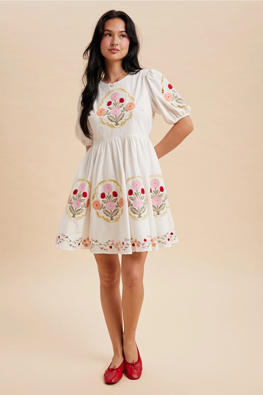Puff Sleeve Embroidered Mini Dress - PREORDER