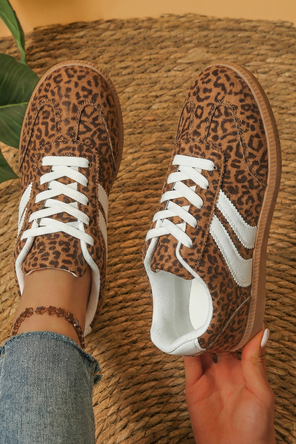 Coffee PU Leather Detail Shimmer Leopard Printed Lace-up Sneakers - PREORDER